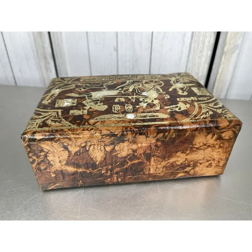 VTG Egyptian Camel Leather Lock Jewelry Box Osiris King Tut Hieroglyphic Gold